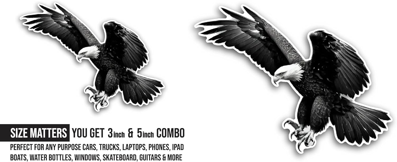 2 (Pieces) 3" and 5" Black Eagle Sticker, Waterproof Vinyl Decals for Many Purpose Like Cars, Trucks, Laptops, Phones, Windows and More