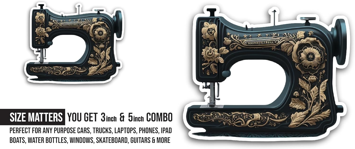 2 (Pieces) 3" and 5" Sewing Machine Sticker, Waterproof Vinyl Decals for Many Purpose Like Cars, Trucks, Laptops, Phones, Windows and More