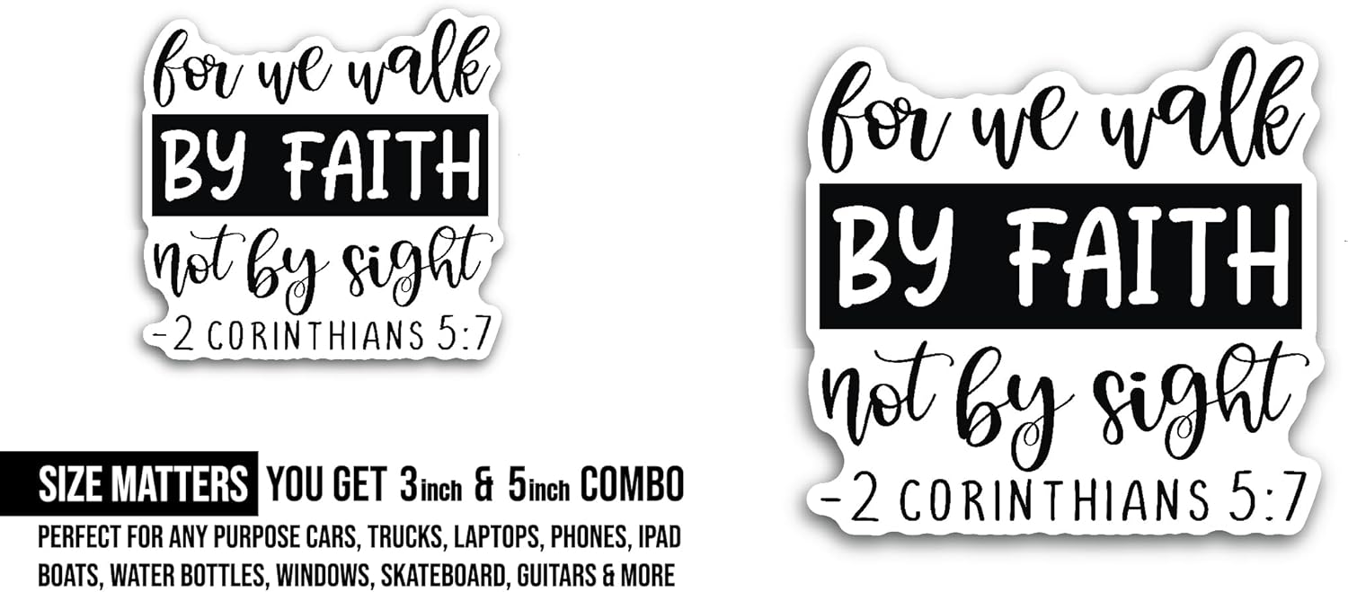 2 (Pieces) 3" and 5" We Walk by Faith Text Sticker, Waterproof Vinyl Decals for Many Purpose Like Cars, Trucks, Laptops, Phones, Windows and More