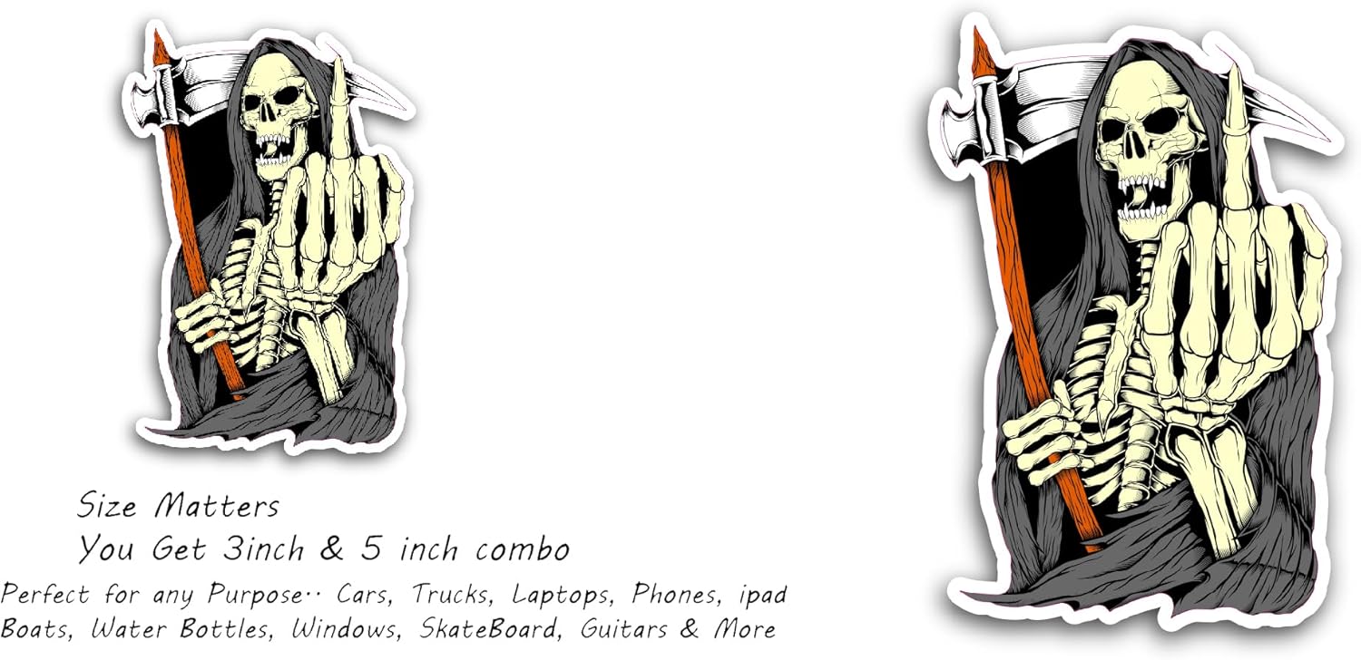 2 (Pieces) 3" and 5" Grim Reaper Skull Decal Sticker, Waterproof Vinyl Decals for Many Purpose Like Cars, Trucks, Laptops, Phones, Windows and More