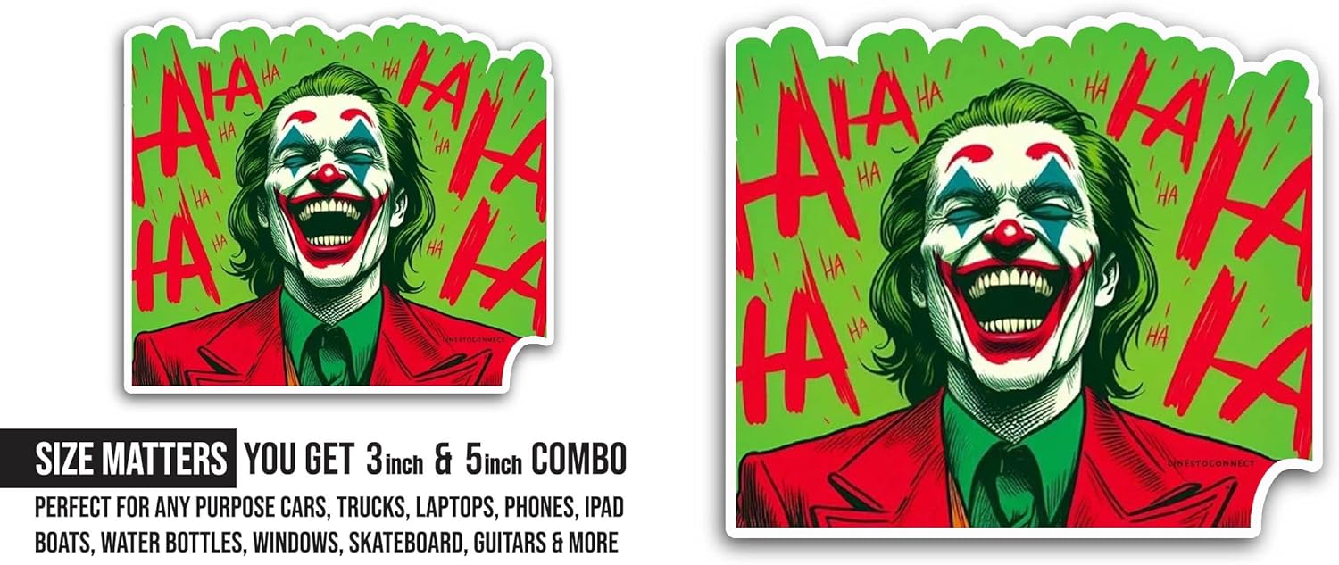 2 (Pieces) 3" and 5" Laughing Joker Sticker, Waterproof Vinyl Decals for Many Purpose Like Cars, Trucks, Laptops, Phones, Windows and More