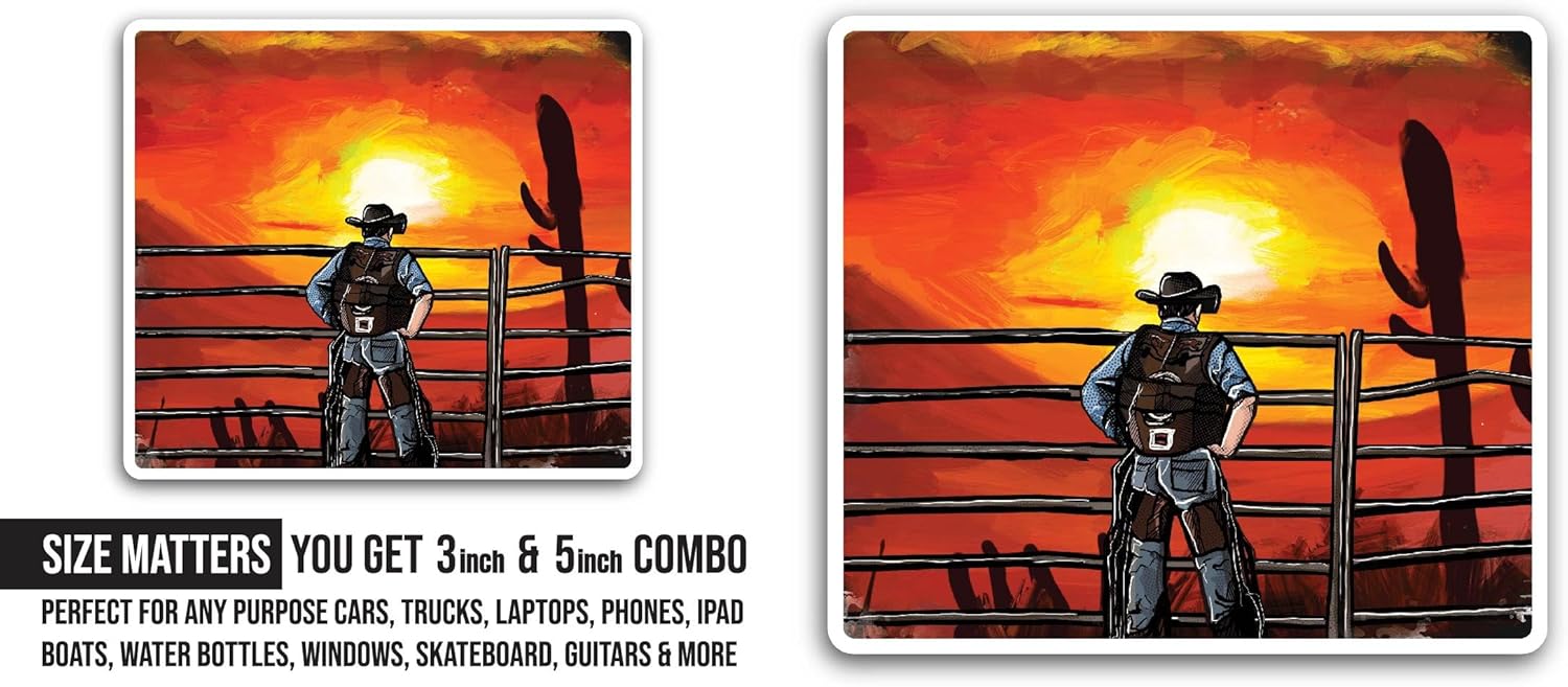 2 (Pieces) 3" and 5" Cowboy and Old Fence Sticker, Waterproof Vinyl Decals for Many Purpose Like Cars, Trucks, Laptops, Phones, Windows and More