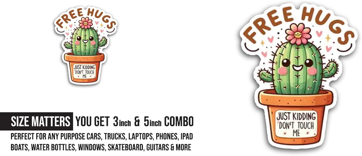 2 (Pieces) 3" and 5" Free Hugs Cactus Sticker, Waterproof Vinyl Decals for Many Purpose Like Cars, Trucks, Laptops, Phones, Windows and More