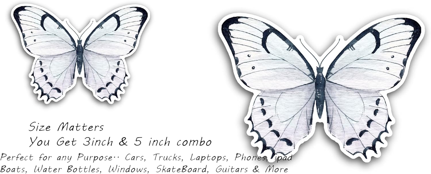 2 (Pieces) 3" and 5" Black and White Butterfly Sticker, Waterproof Vinyl Decals for Many Purpose Like Cars, Trucks, Laptops, Phones, Windows and More
