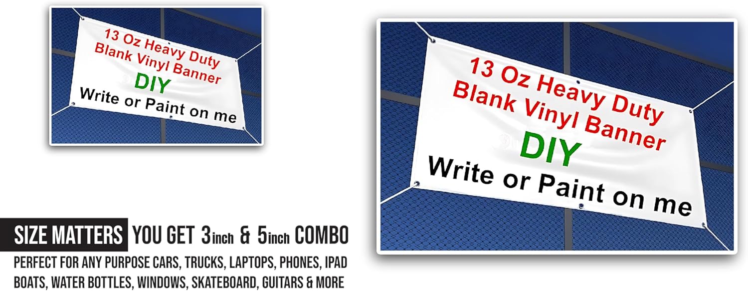 2 (Pieces) 3" and 5" Blank White 13oz Banner Sticker, Waterproof Vinyl Decals for Many Purpose Like Cars, Trucks, Laptops, Phones, Windows and More