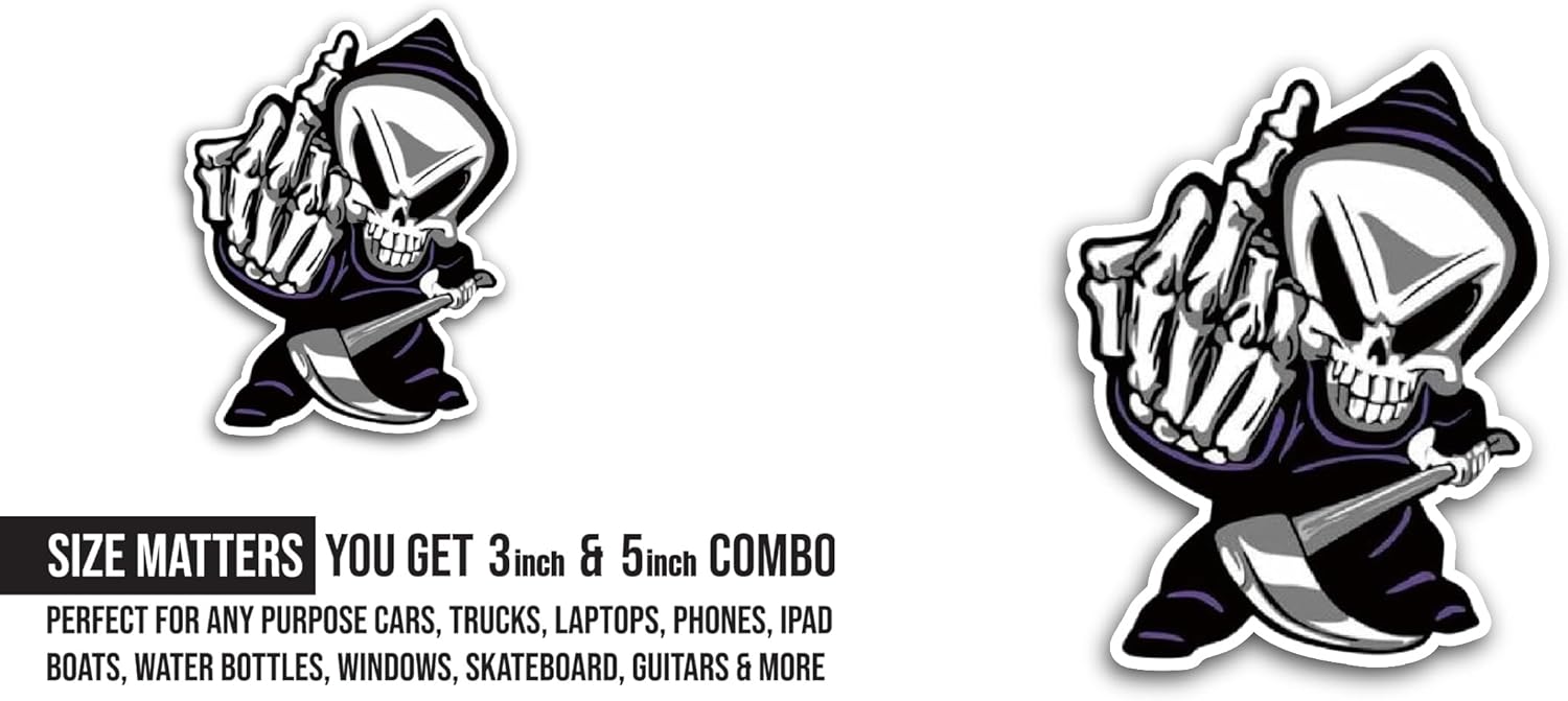 2 (Pieces) 3" and 5" Skeleton Grim Reaper Sticker, Waterproof Vinyl Decals for Many Purpose Like Cars, Trucks, Laptops, Phones, Windows and More