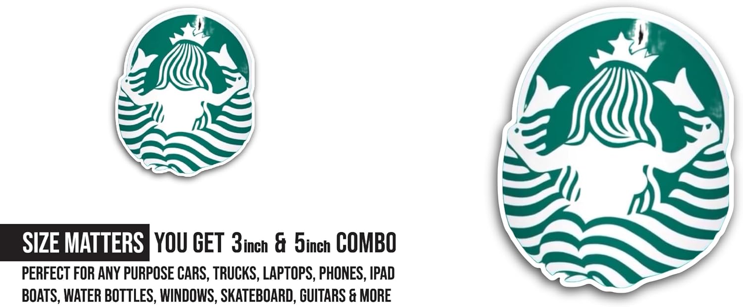 2 (Pieces) 3" and 5" Green Mermaid Sticker, Waterproof Vinyl Decals for Many Purpose Like Cars, Trucks, Laptops, Phones, Windows and More