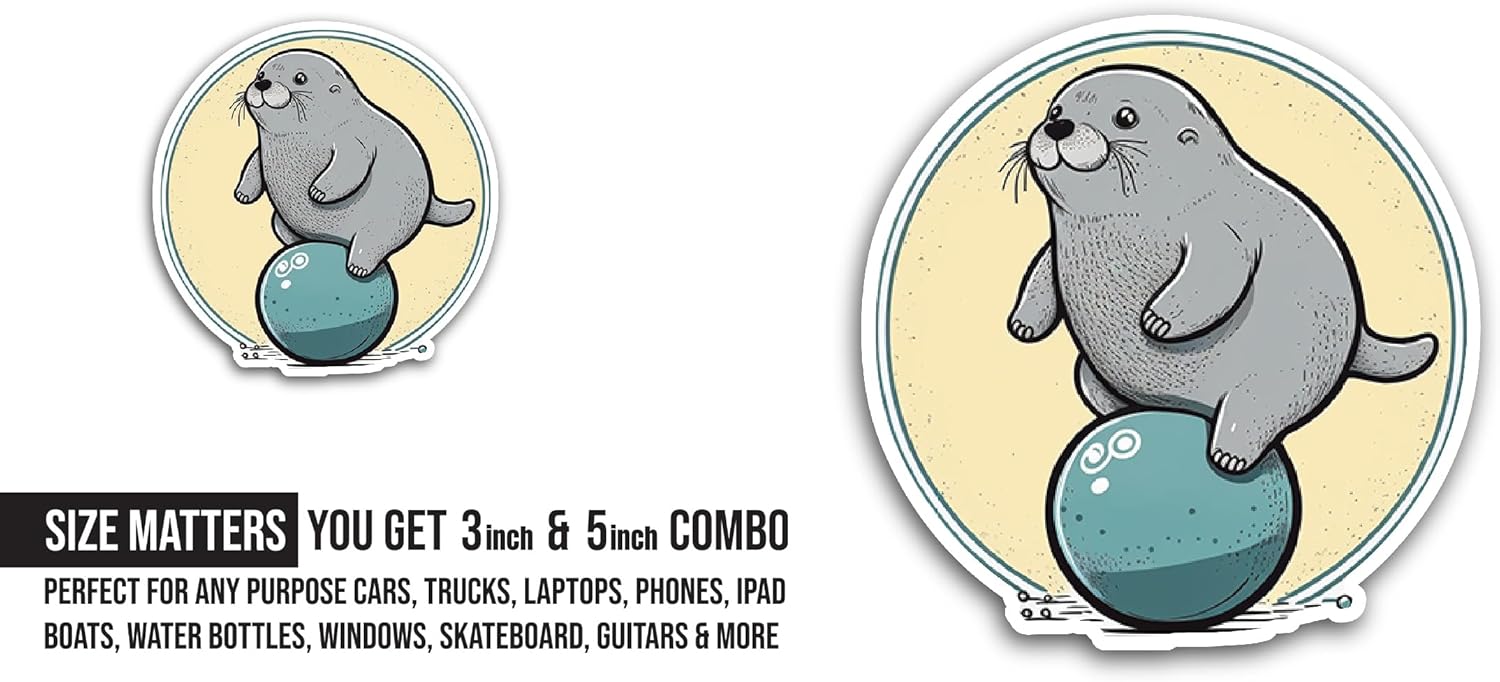 2 (Pieces) 3" and 5" Cartoon Seal Sticker, Waterproof Vinyl Decals for Many Purpose Like Cars, Trucks, Laptops, Phones, Windows and More
