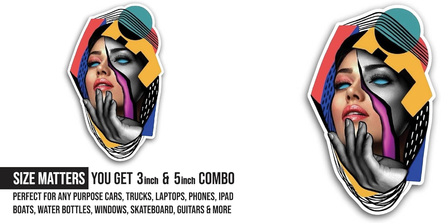 2 (Pieces) 3" and 5" Women Face with Colorful Background Sticker, Waterproof Vinyl Decals for Many Purpose Like Cars, Trucks, Laptops, Phones, Windows and More