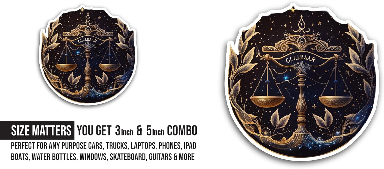 2 (Pieces) 3" and 5" Libra Zodiac Sign with Scale Sticker, Waterproof Vinyl Decals for Many Purpose Like Cars, Trucks, Laptops, Phones, Windows and More