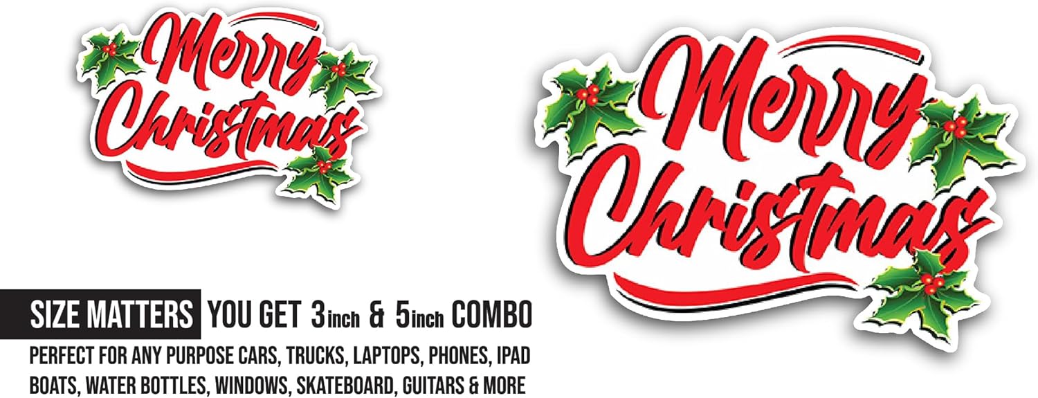 2 (Pieces) 3" and 5" Merry Christmas Wish Sticker, Waterproof Vinyl Decals for Many Purpose Like Cars, Trucks, Laptops, Phones, Windows and More