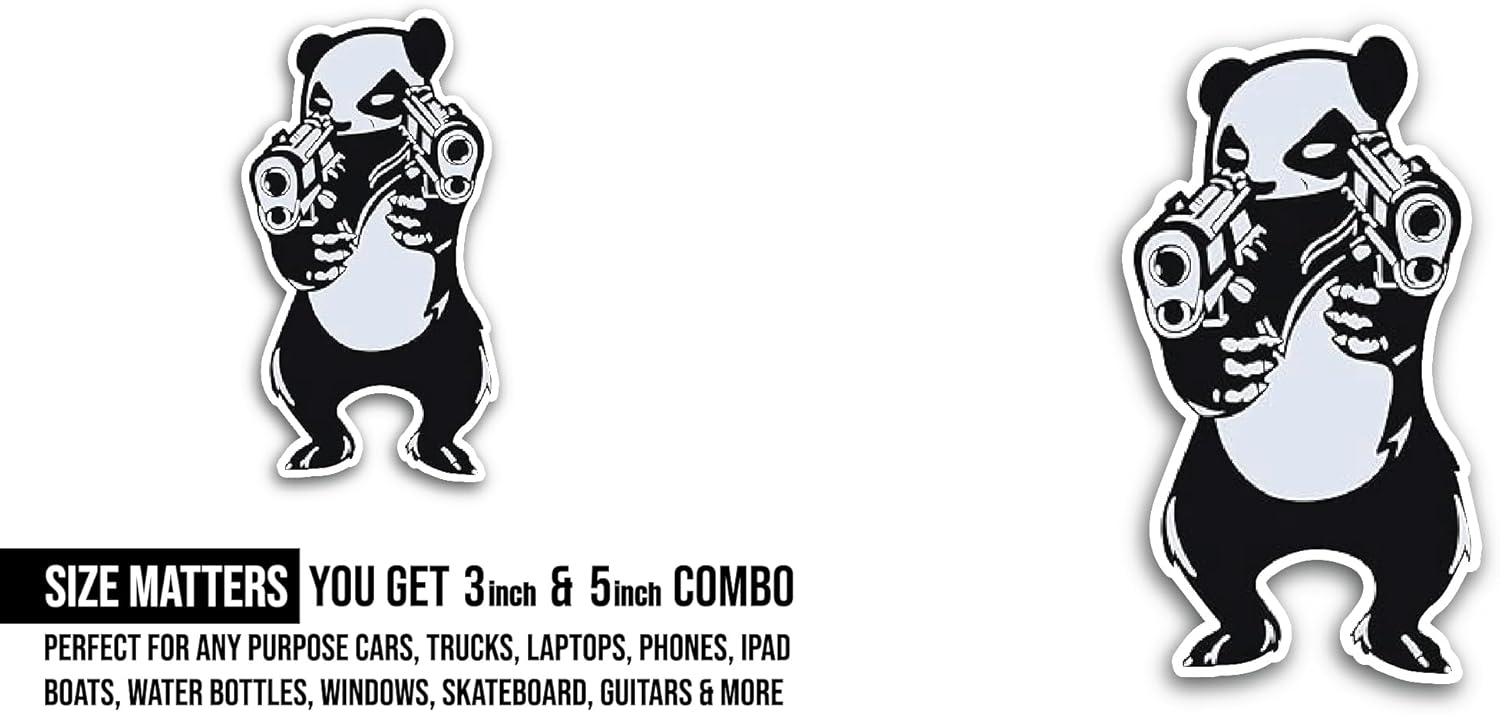 2 (Pieces) 3" and 5" Panda with Gun Sticker, Waterproof Vinyl Decals for Many Purpose Like Cars, Trucks, Laptops, Phones, Windows and More