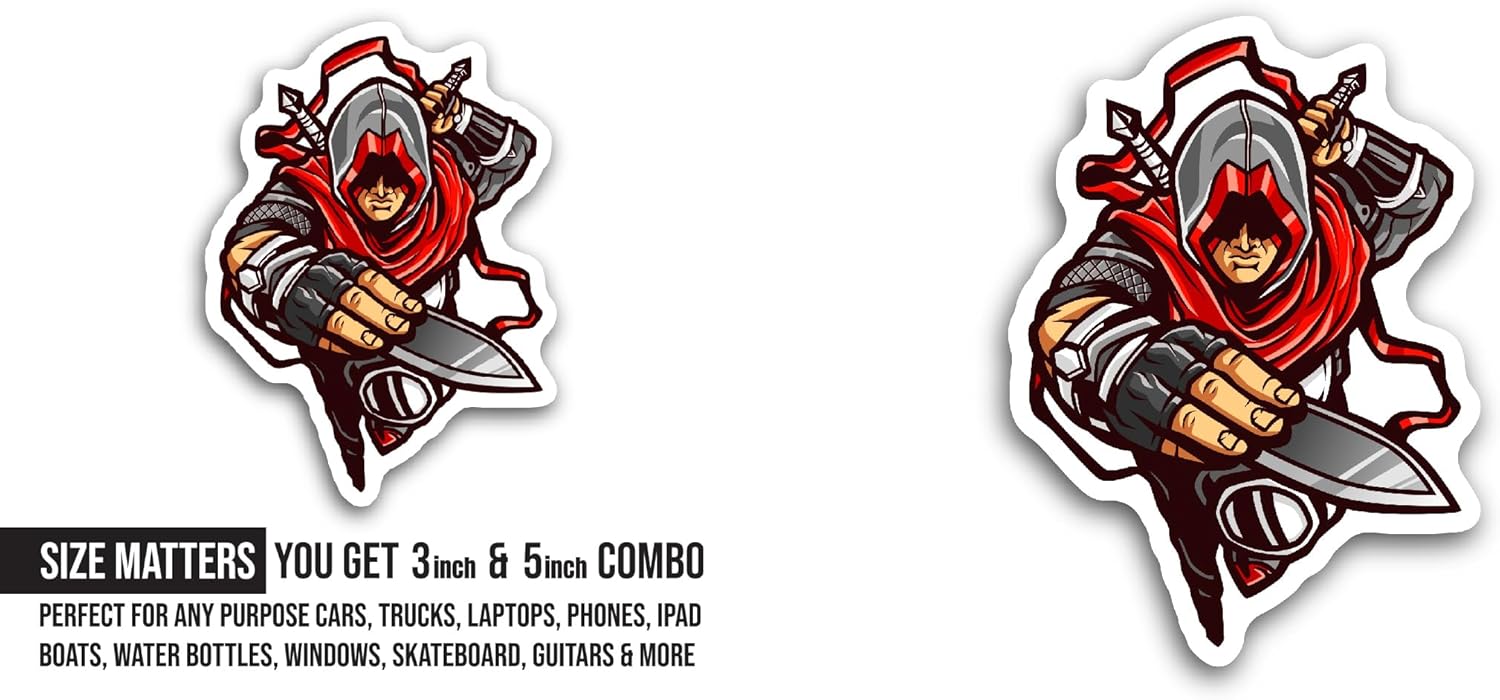 2 (Pieces) 3" and 5" Ninja with Sword Sticker, Waterproof Vinyl Decals for Many Purpose Like Cars, Trucks, Laptops, Phones, Windows and More