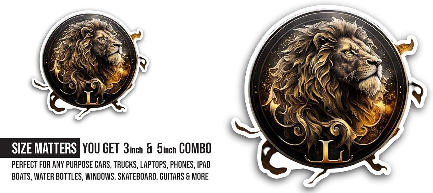 2 (Pieces) 3" and 5" Golden Lion Head Sticker, Waterproof Vinyl Decals for Many Purpose Like Cars, Trucks, Laptops, Phones, Windows and More
