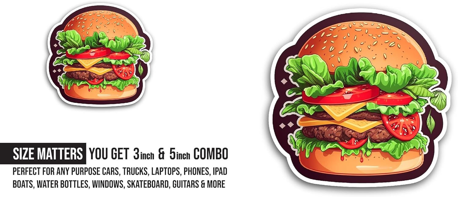 2 (Pieces) 3" and 5" Hamburger Sticker, Waterproof Vinyl Decals for Many Purpose Like Cars, Trucks, Laptops, Phones, Windows and More