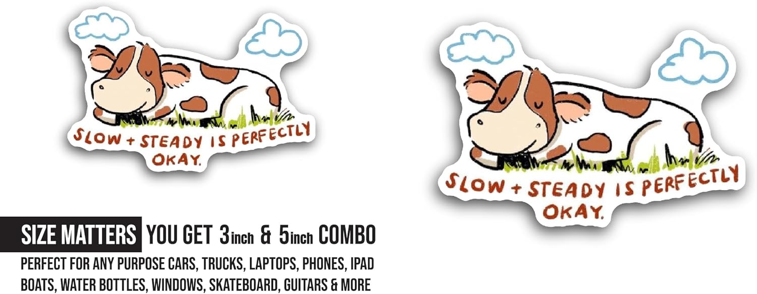 2 (Pieces) 3" and 5" Cow Sleeping Sticker, Waterproof Vinyl Decals for Many Purpose Like Cars, Trucks, Laptops, Phones, Windows and More