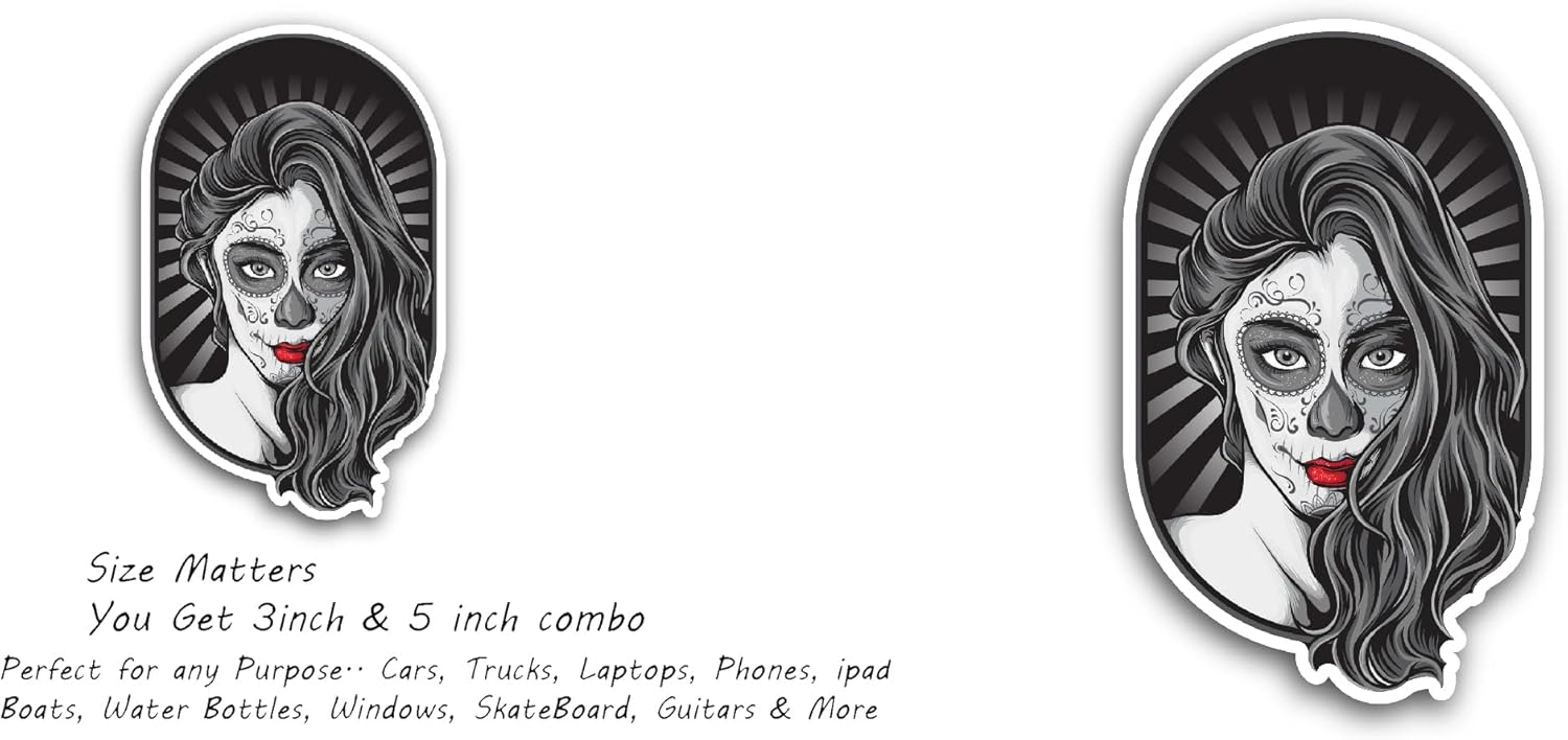 2 (Pieces) 3" and 5" Sugar Skull Lady Sticker, Waterproof Vinyl Decals for Many Purpose Like Cars, Trucks, Laptops, Phones, Windows and More