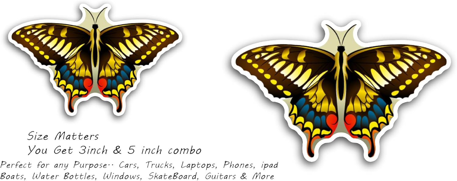 2 (Pieces) 3" and 5" Black Yellow Butterfly Sticker, Waterproof Vinyl Decals for Many Purpose Like Cars, Trucks, Laptops, Phones, Windows and More