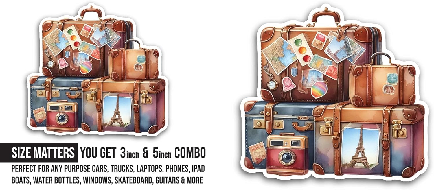 2 (Pieces) 3" and 5" Leather Vintage Suitcase Sticker, Waterproof Vinyl Decals for Many Purpose Like Cars, Trucks, Laptops, Phones, Windows and More