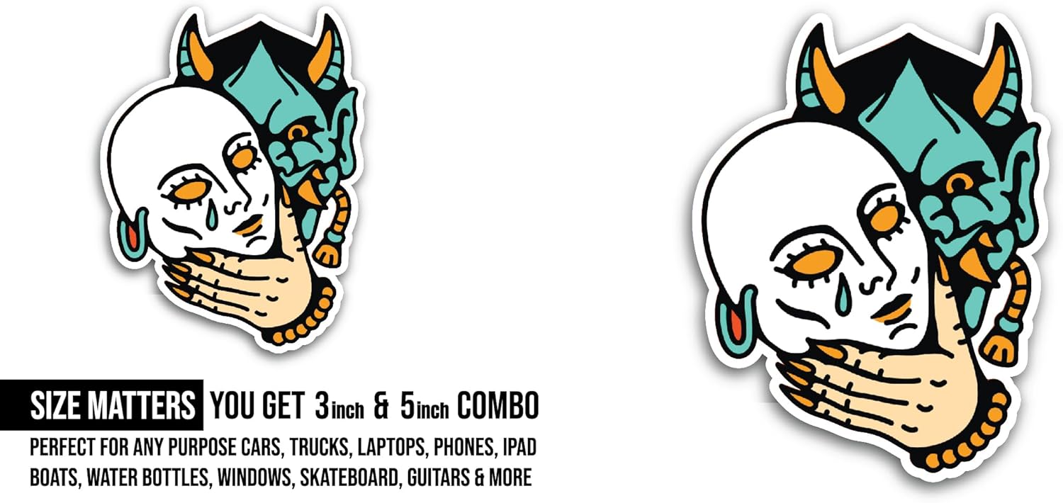 2 (Pieces) 3" and 5" Monster Face with Mask Sticker, Waterproof Vinyl Decals for Many Purpose Like Cars, Trucks, Laptops, Phones, Windows and More