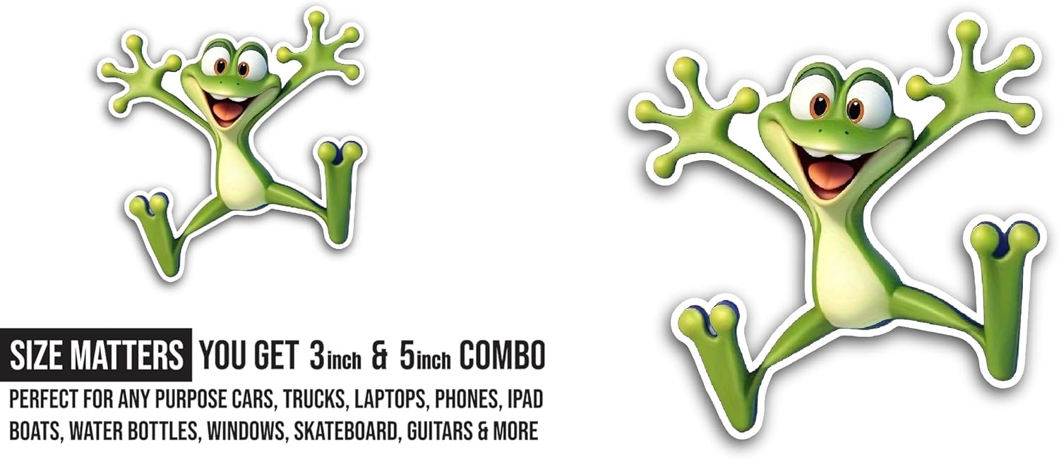 2 (Pieces) 3" and 5" Jumping Frog Sticker, Waterproof Vinyl Decals for Many Purpose Like Cars, Trucks, Laptops, Phones, Windows and More