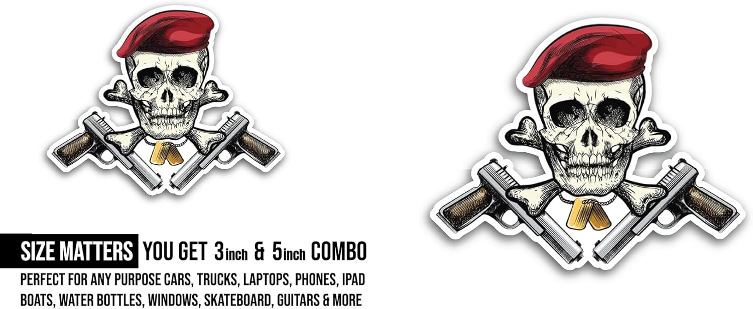2 (Pieces) 3" and 5" Soldier Skull Sticker, Waterproof Vinyl Decals for Many Purpose Like Cars, Trucks, Laptops, Phones, Windows and More
