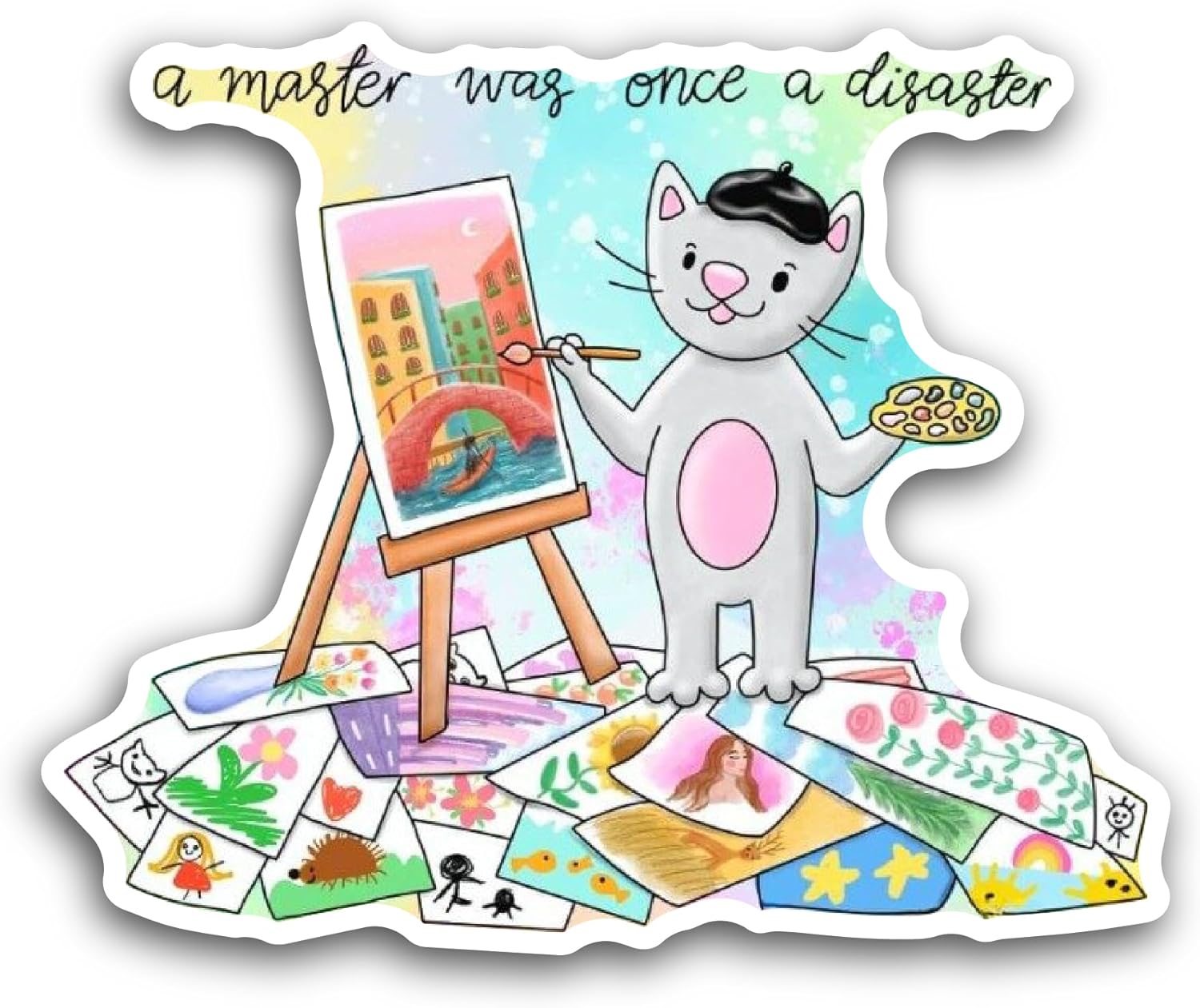 2 (Pieces) 3" and 5" Cat in Beret Holds Brush and Palette Sticker, Waterproof Vinyl Decals for Many Purpose Like Cars, Trucks, Laptops, Phones, Windows and More