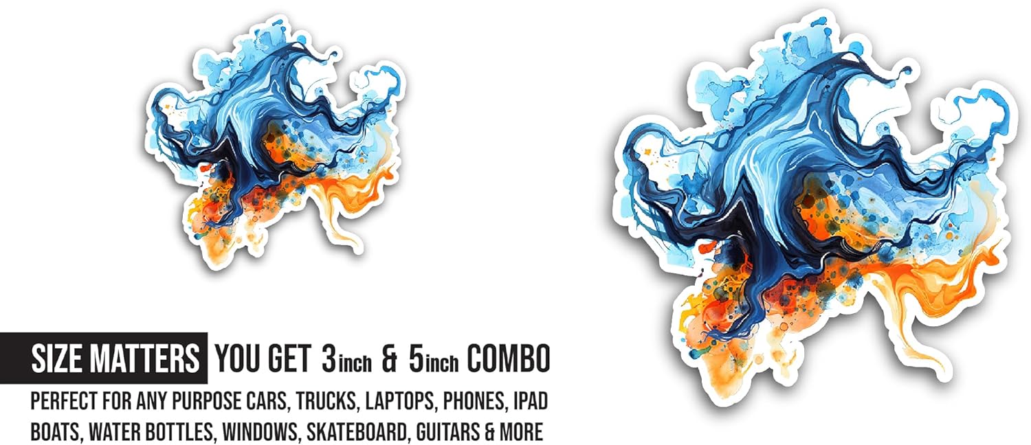 2 (Pieces) 3" and 5" Blue and Orange Fluid Art Sticker, Waterproof Vinyl Decals for Many Purpose Like Cars, Trucks, Laptops, Phones, Windows and More