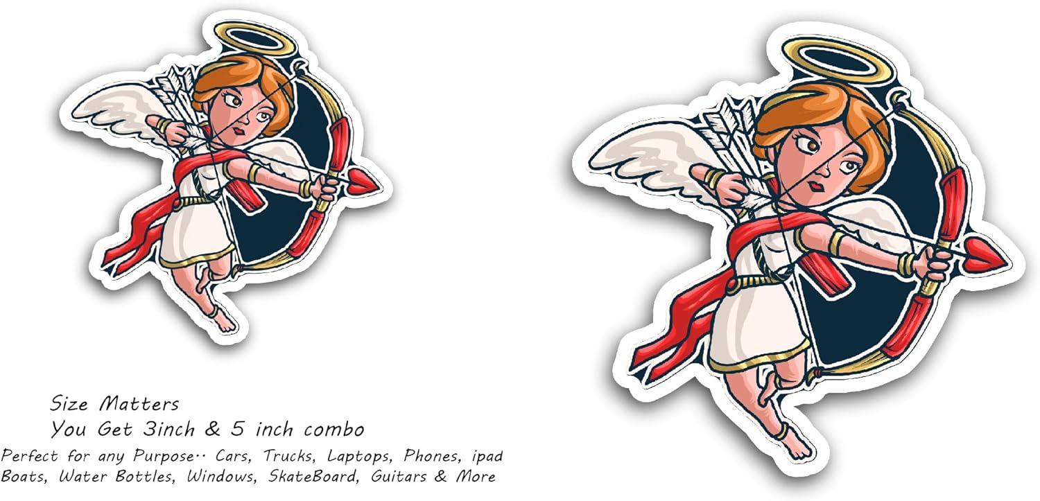 2 (Pieces) 3" and 5" Cupid Holding Arrows and Bows Sticker, Waterproof Vinyl Decals for Many Purpose Like Cars, Trucks, Laptops, Phones, Windows and More