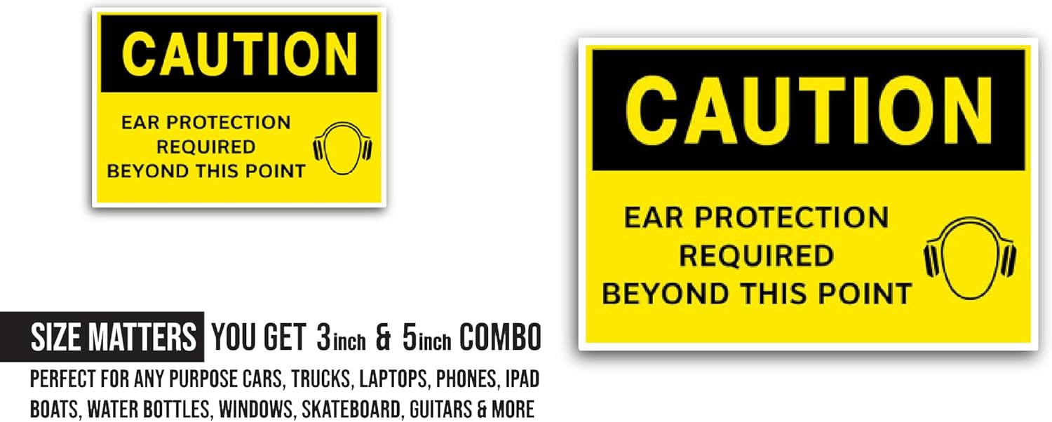 2 (Pieces) 3" and 5" Caution/Ear Protection Required Sticker, Waterproof Vinyl Decals for Many Purpose Like Cars, Trucks, Laptops, Phones, Windows and More