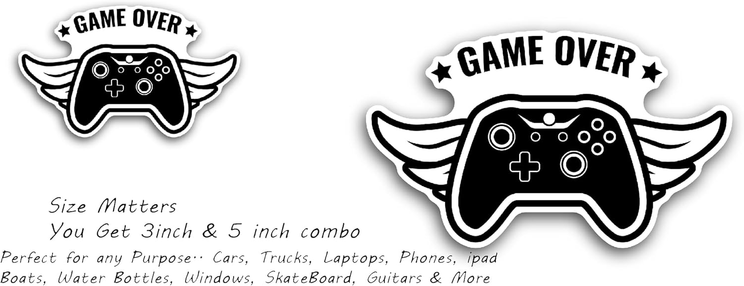 2 (Pieces) 3" and 5" Game Over Controller Sticker, Waterproof Vinyl Decals for Many Purpose Like Cars, Trucks, Laptops, Phones, Windows and More
