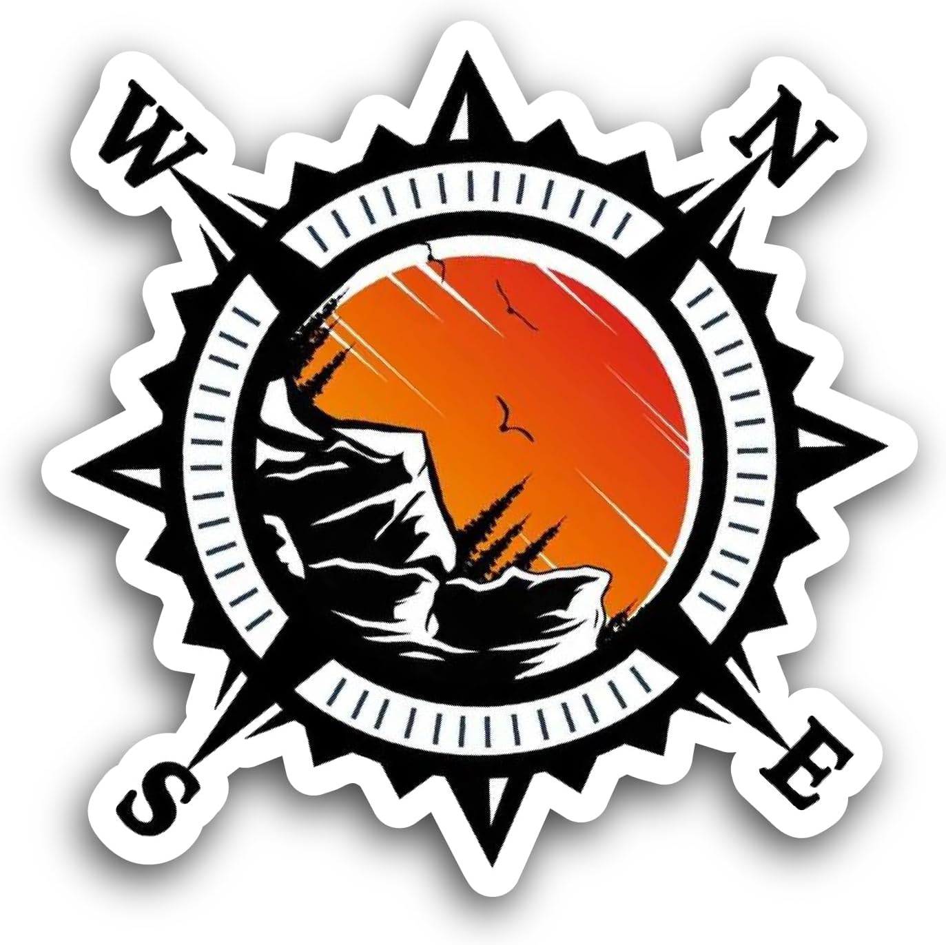 2 (Pieces) 3" and 5" Mountain Sunset and Compass Sticker, Waterproof Vinyl Decals for Many Purpose Like Cars, Trucks, Laptops, Phones, Windows and More