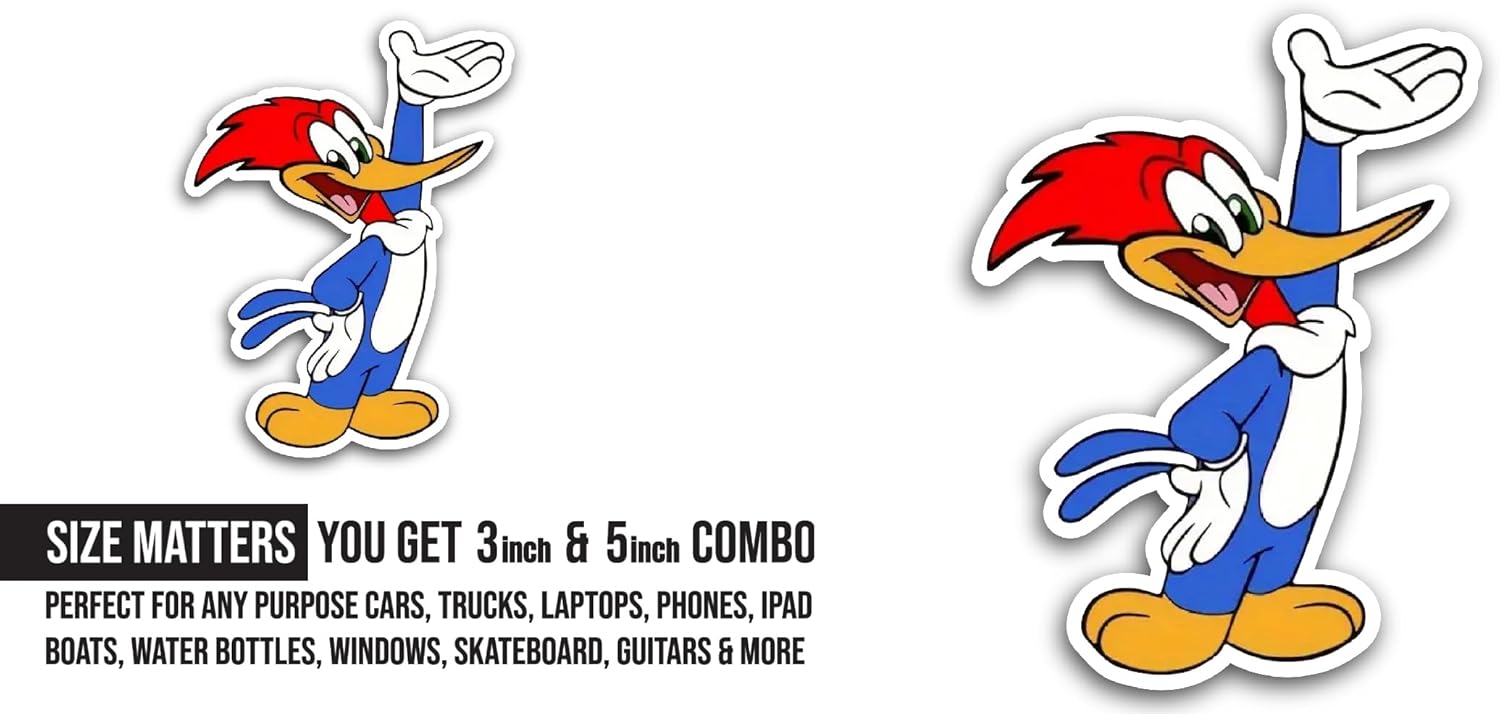 2 (Pieces) 3" and 5" W00dy Woodpecker Sticker, Waterproof Vinyl Decals for Many Purpose Like Cars, Trucks, Laptops, Phones, Windows and More