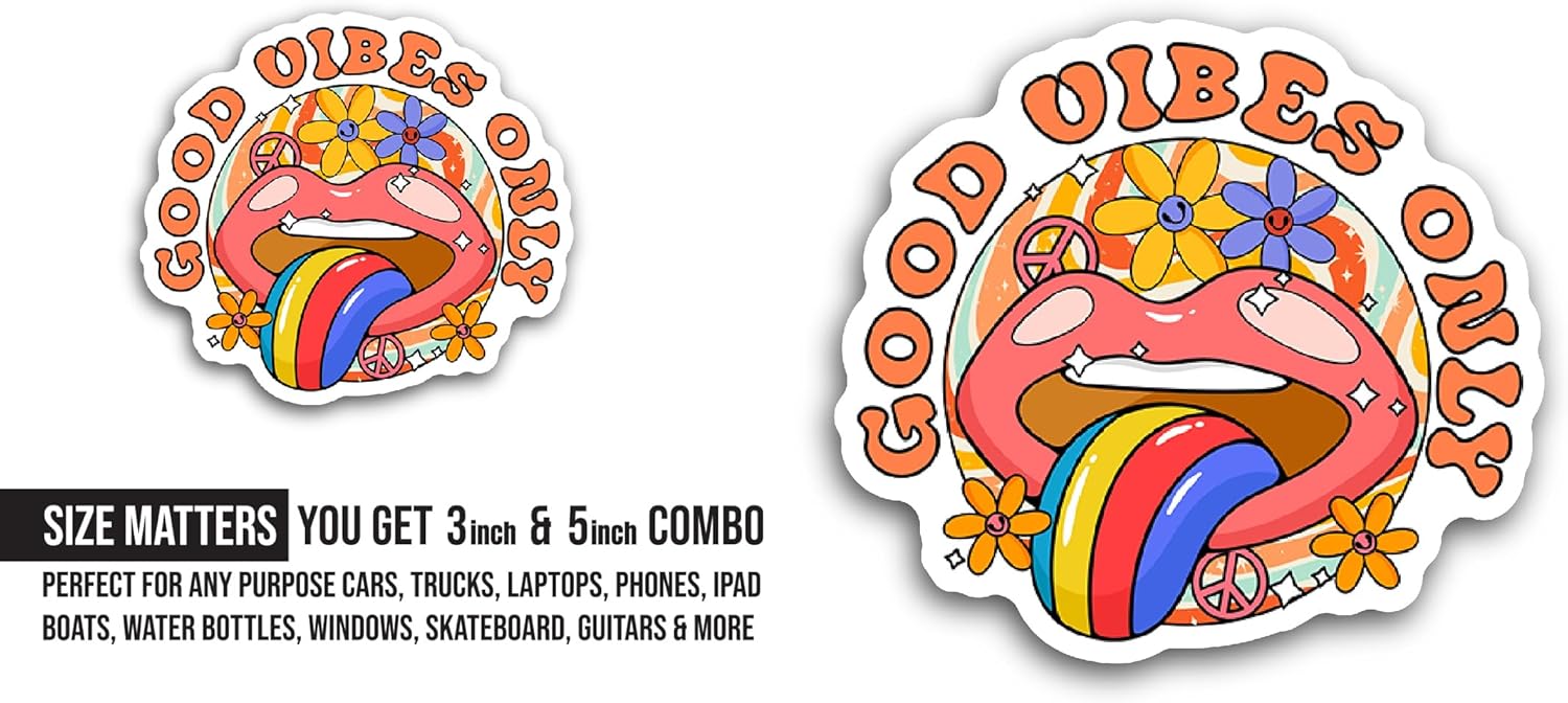 2 (Pieces) 3" and 5" Good Vibes Sticker, Waterproof Vinyl Decals for Many Purpose Like Cars, Trucks, Laptops, Phones, Windows and More