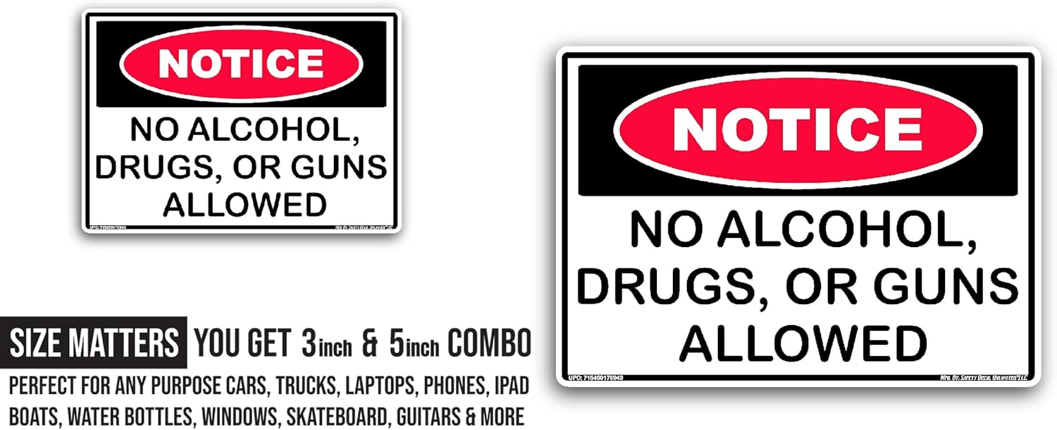 2 (Pieces) 3" and 5" Notice No Alcohol Or Drugs Sticker, Waterproof Vinyl Decals for Many Purpose Like Cars, Trucks, Laptops, Phones, Windows and More