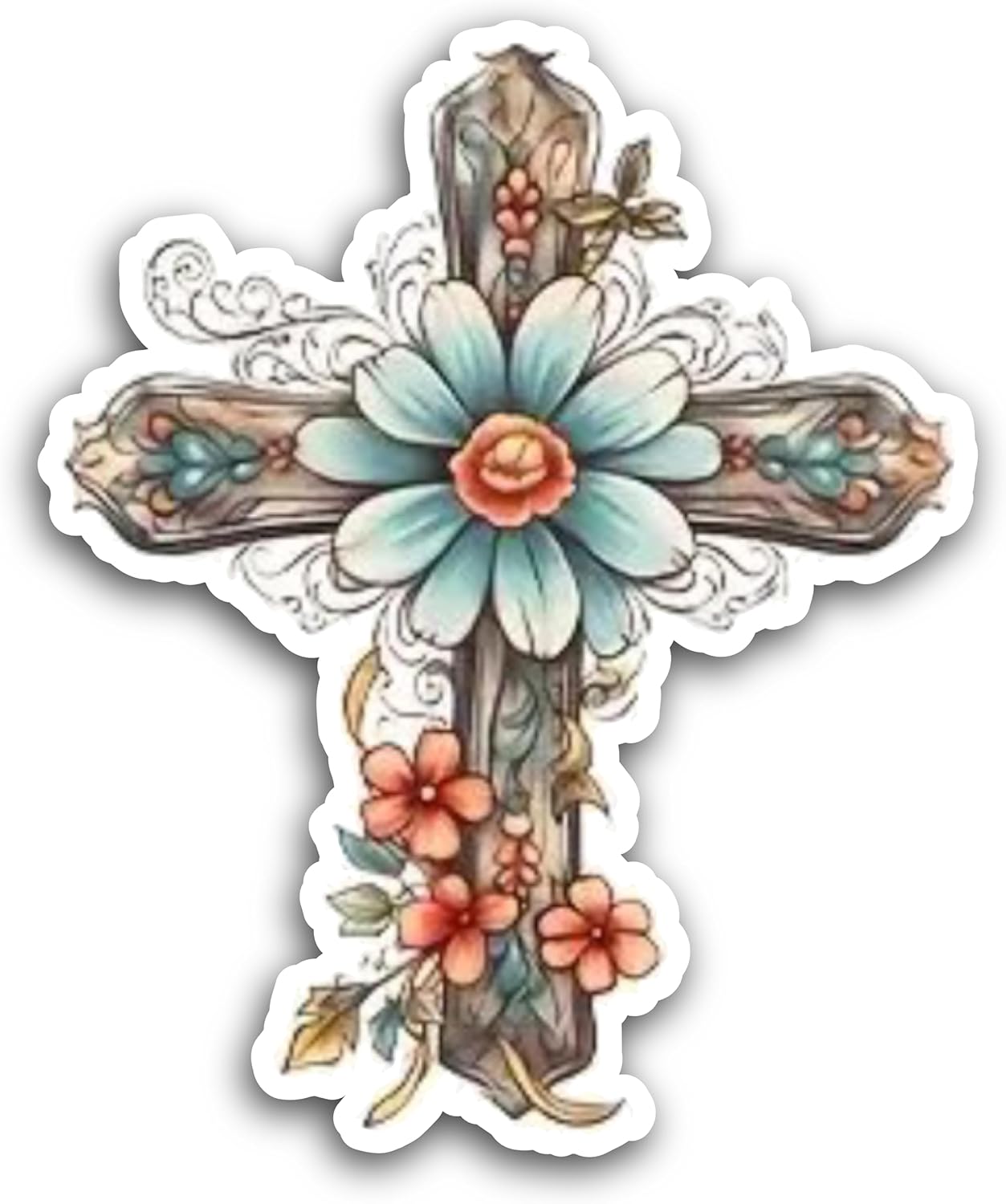 2 (Pieces) 3" and 5" Cross with Flower at The Center Decal Sticker,Waterproof Vinyl Decals for Many Purpose Like Cars, Trucks, Laptops, Phones, Windows and More