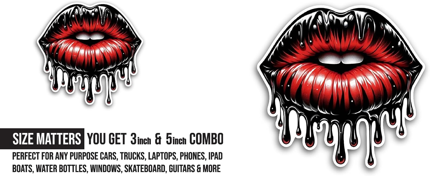 2 (Pieces) 3" and 5" Dripping Lips Sticker, Waterproof Vinyl Decals for Many Purpose Like Cars, Trucks, Laptops, Phones, Windows and More