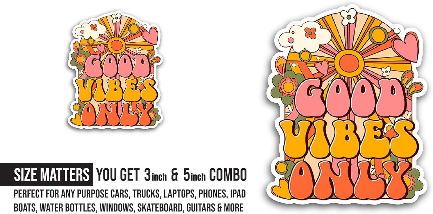 2 (Pieces) 3" and 5" Good Vibes Only Sticker, Waterproof Vinyl Decals for Many Purpose Like Cars, Trucks, Laptops, Phones, Windows and More