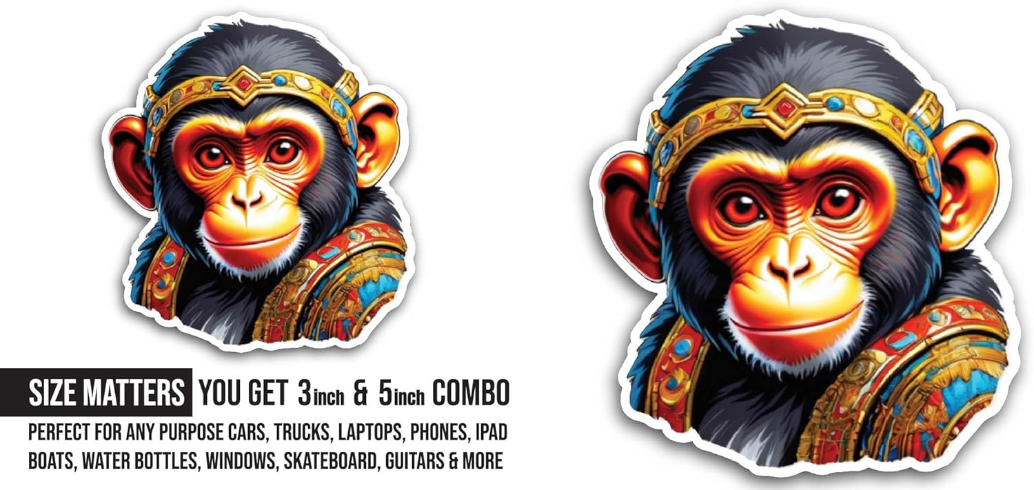 2 (Pieces) 3" and 5" Monkey Sticker, Waterproof Vinyl Decals for Many Purpose Like Cars, Trucks, Laptops, Phones, Windows and More