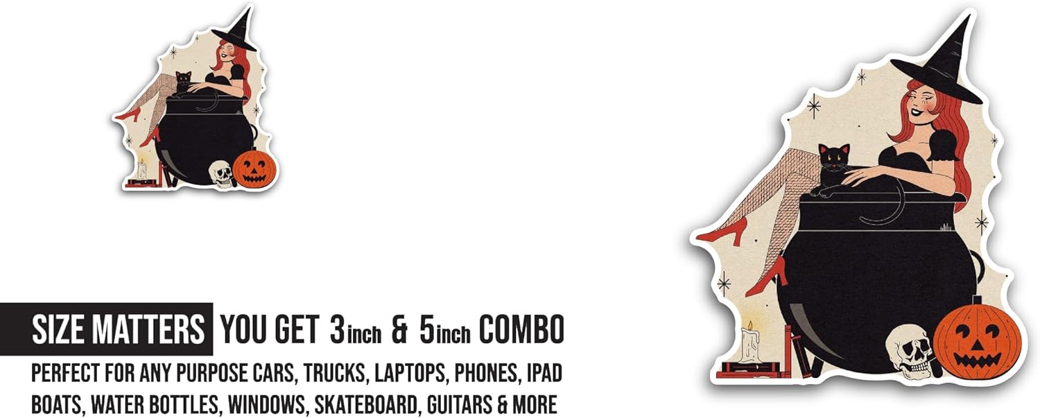 2 (Pieces) 3" and 5" Cartoon Halloween Witch Sticker, Waterproof Vinyl Decals for Many Purpose Like Cars, Trucks, Laptops, Phones, Windows and More