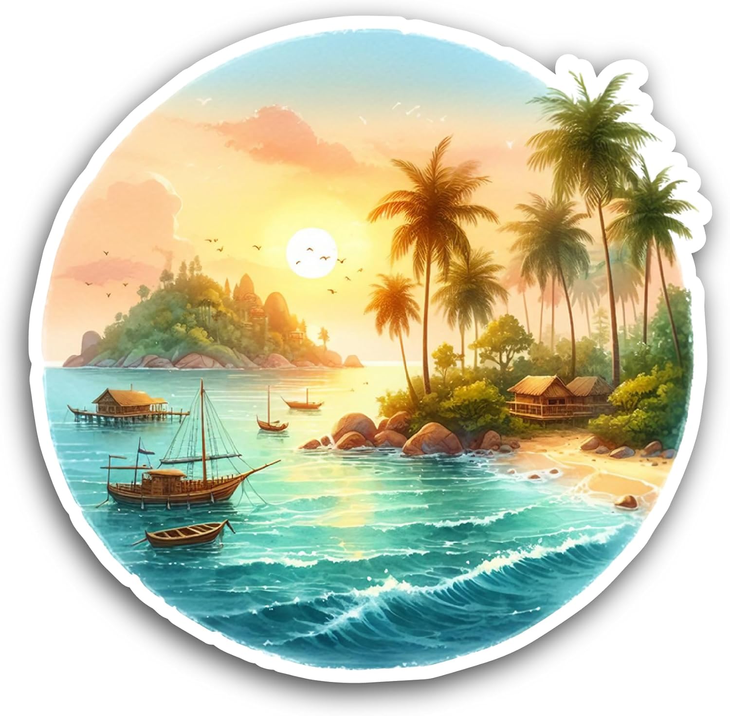 2 (Pieces) 3" and 5" Tropical Island with Beach Sticker, Waterproof Vinyl Decals for Many Purpose Like Cars, Trucks, Laptops, Phones, Windows and More