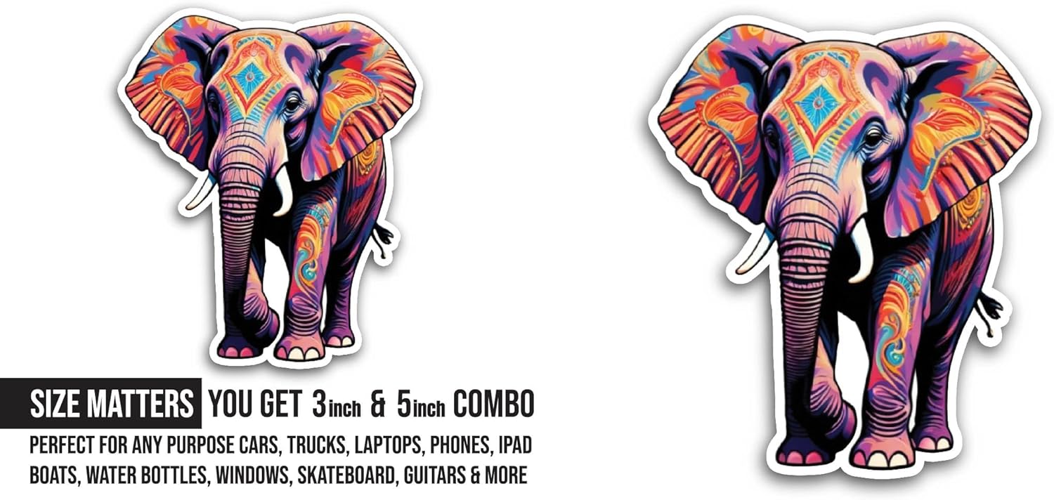 2 (Pieces) 3" and 5" Bright Colored Elephant Sticker, Waterproof Vinyl Decals for Many Purpose Like Cars, Trucks, Laptops, Phones, Windows and More