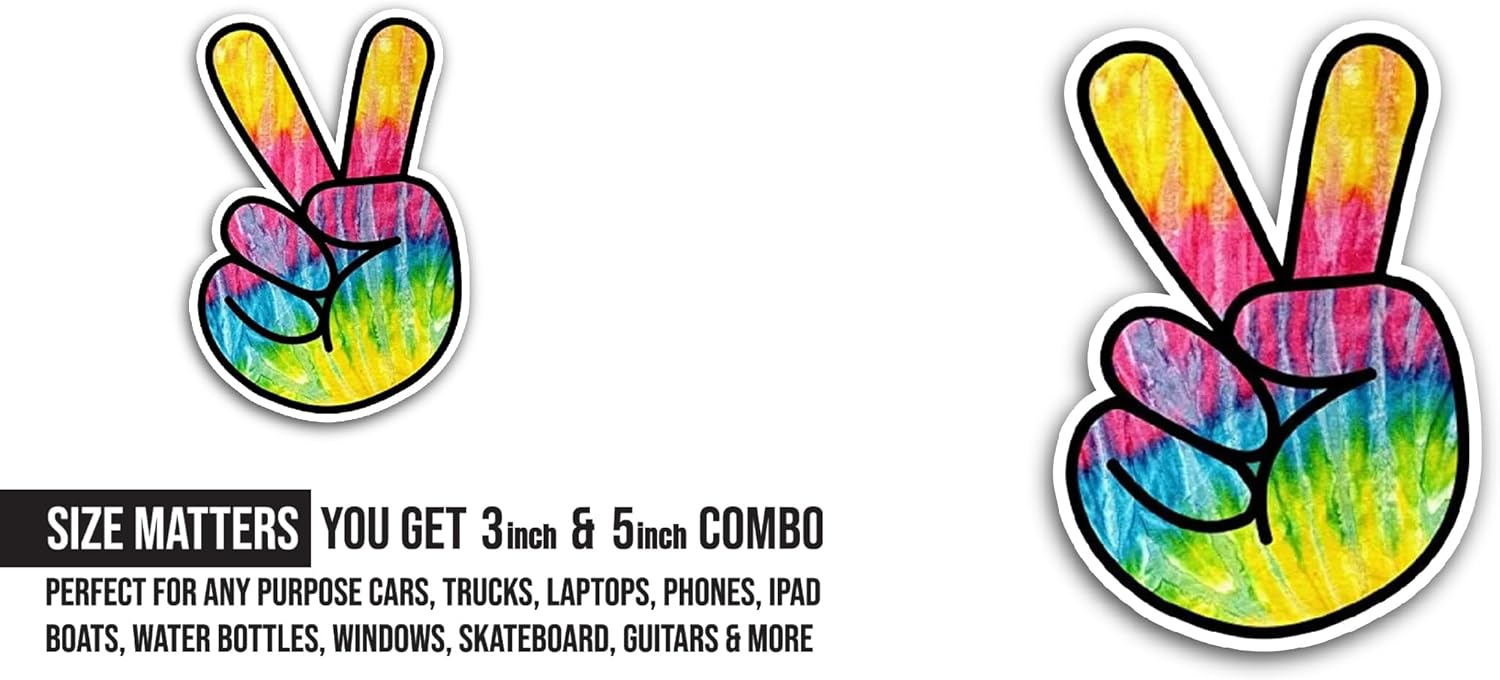 2 (Pieces) 3" and 5" Tie Dye Peace Fingers Sticker, Waterproof Vinyl Decals for Many Purpose Like Cars, Trucks, Laptops, Phones, Windows and More