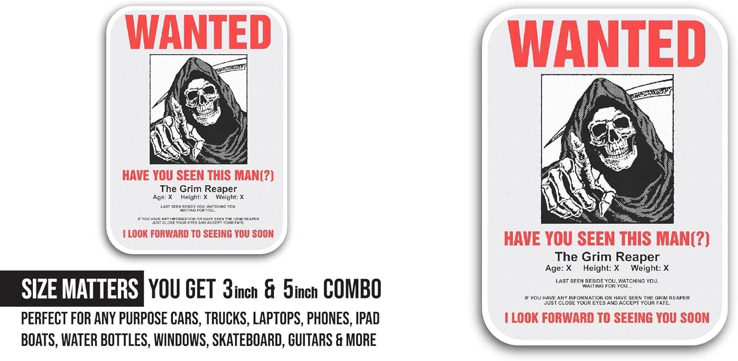 2 (Pieces) 3" and 5" Wanted Sticker, Waterproof Vinyl Decals for Many Purpose Like Cars, Trucks, Laptops, Phones, Windows and More