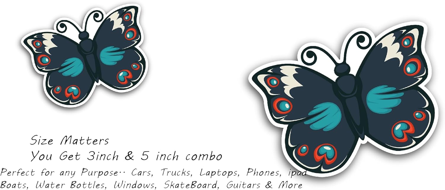 2 (Pieces) 3" and 5" Butterfly Cartoon Sticker, Waterproof Vinyl Decals for Many Purpose Like Cars, Trucks, Laptops, Phones, Windows and More
