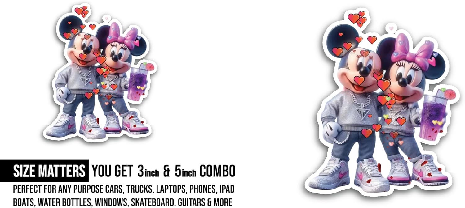 2 (Pieces) 3" and 5" Mouse Couple Sticker, Waterproof Vinyl Decals for Many Purpose Like Cars, Trucks, Laptops, Phones, Windows and More