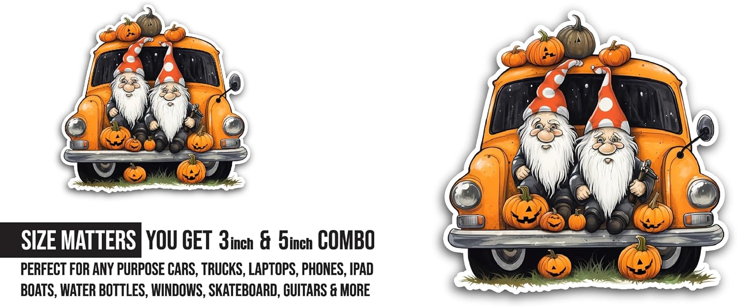 2 (Pieces) 3" and 5" Gnomes Pumpkin Truck Sticker, Waterproof Vinyl Decals for Many Purpose Like Cars, Trucks, Laptops, Phones, Windows and More