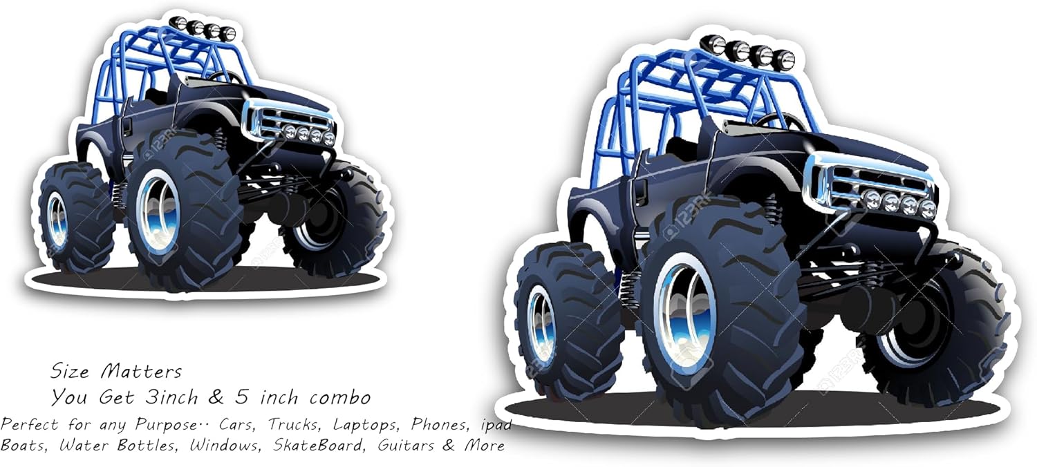 2 (Pieces) 3" and 5" Blue Monster Truck Sticker, Waterproof Vinyl Decals for Many Purpose Like Cars, Trucks, Laptops, Phones, Windows and More