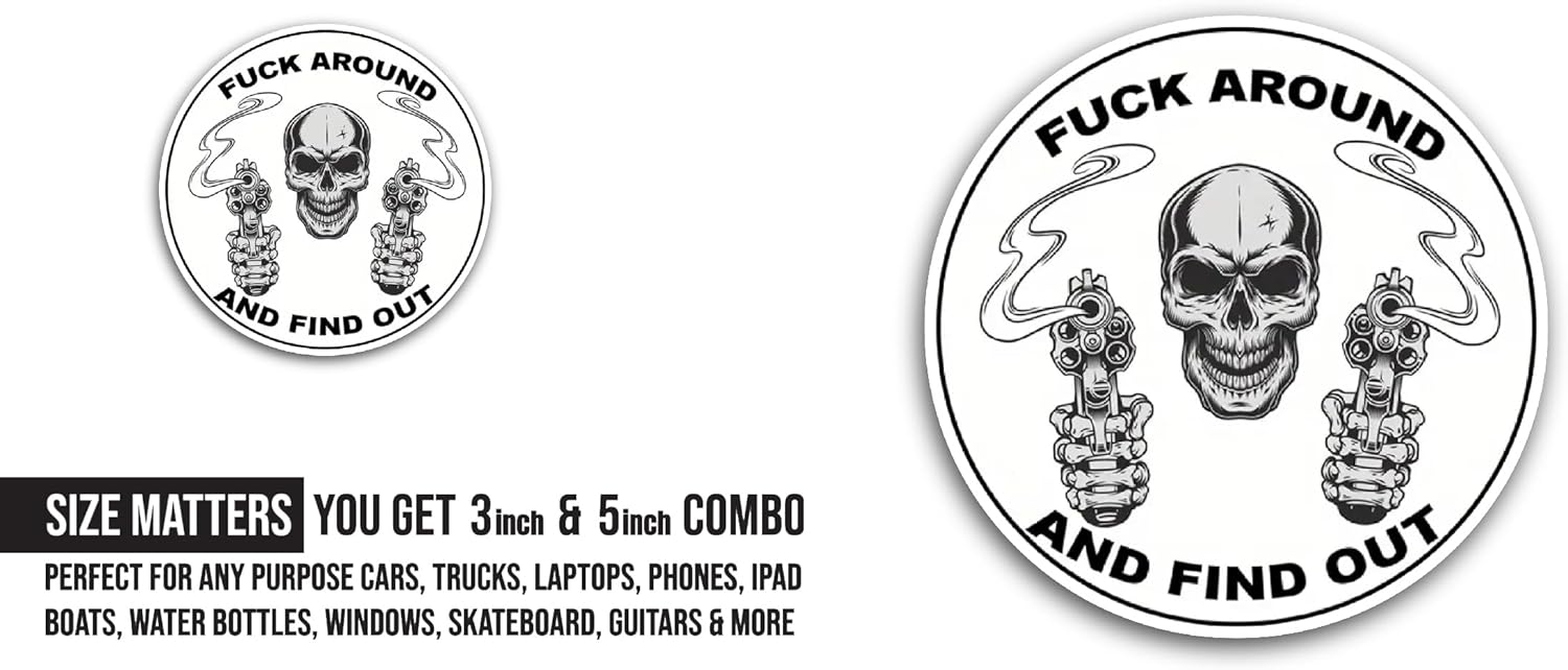 2 (Pieces) 3" and 5" Skull with Guns Sticker, Waterproof Vinyl Decals for Many Purpose Like Cars, Trucks, Laptops, Phones, Windows and More