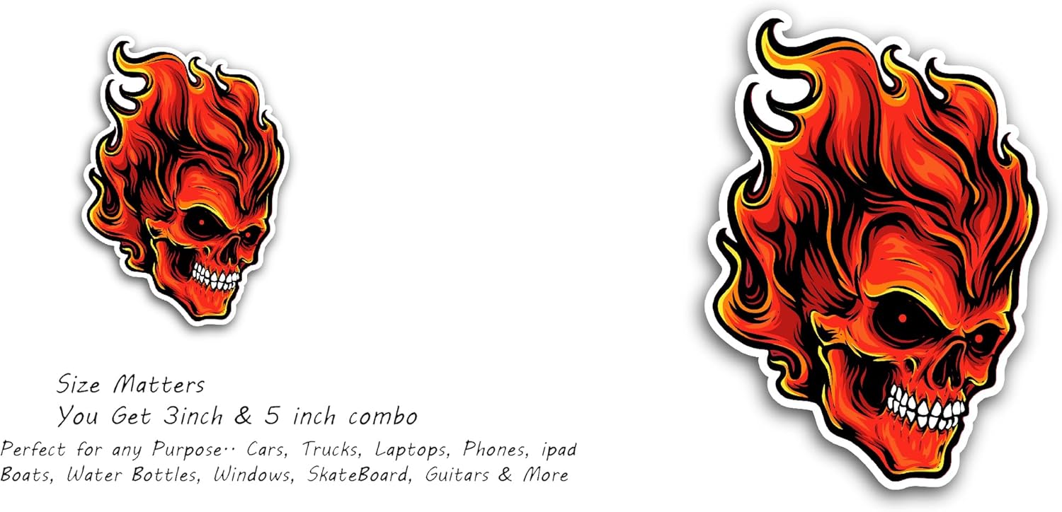 2 (Pieces) 3" and 5" Fire Head Skull Sticker, Waterproof Vinyl Decals for Many Purpose Like Cars, Trucks, Laptops, Phones, Windows and More